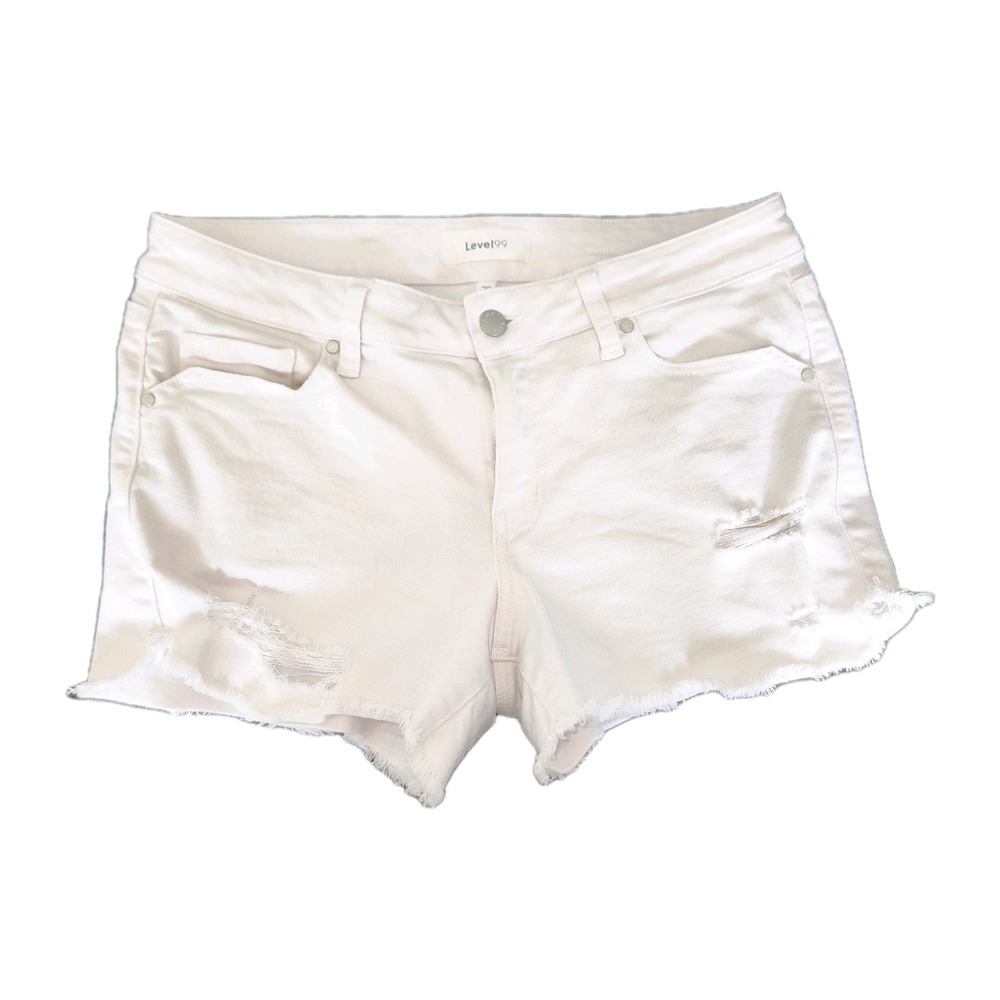 Level 99 Shorts Women Size 29 White Denim 4-Pocket Distressed Adelynn Stitchfit